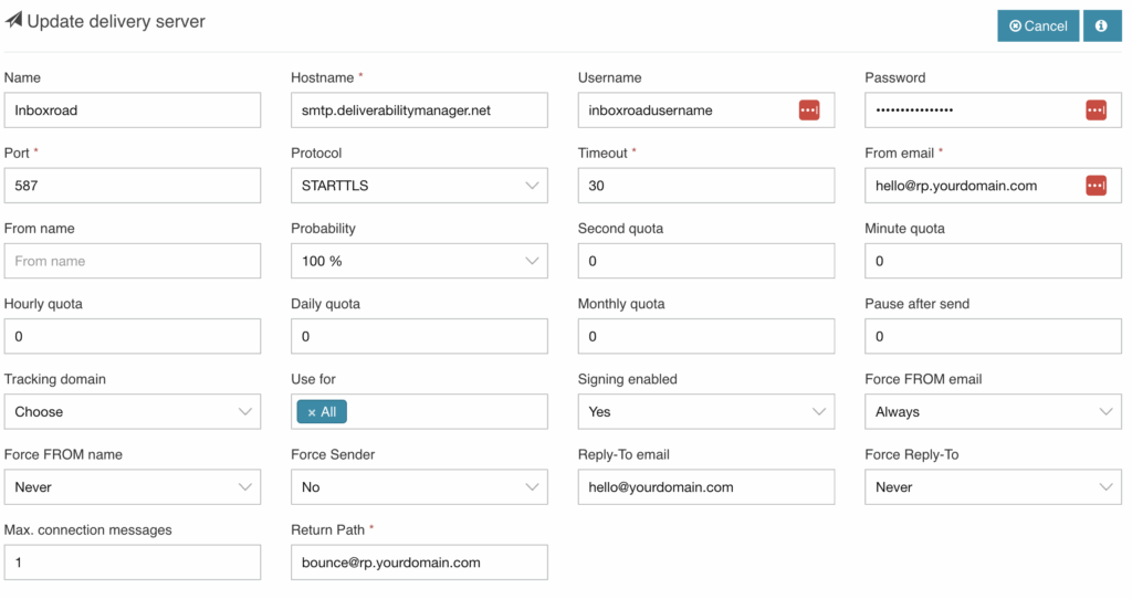 Inboxroad email delivery server settings Mailwizz